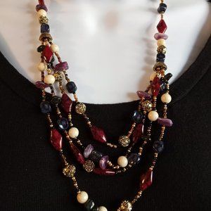 Bundle Deep Red Dk. Blue Lavender Gold Bone EUC Earrings 22" Necklace-Item #150